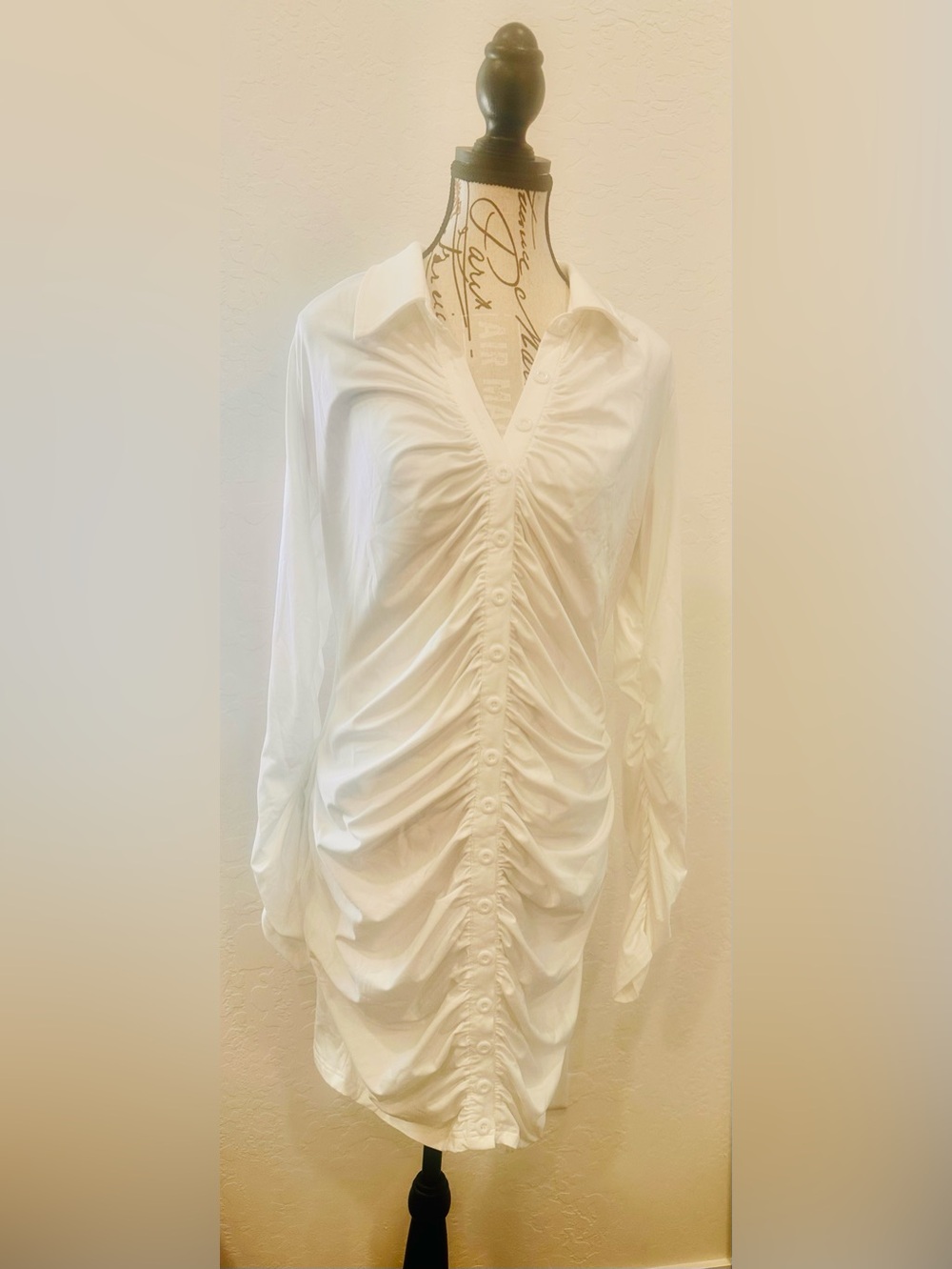 White Ruched Button-Front Shirt Dress